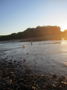 sunset-wading-des-moines-river-horns-ferry-hideaway  